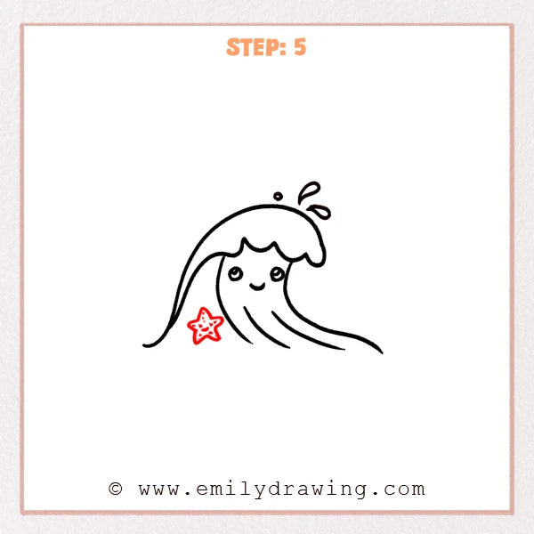 how to draw a cartoon ocean - Step 5 adds a small cartoon starfish with simple inner dots beside the cute cartoon ocean wave.